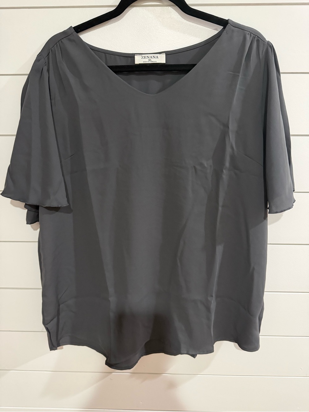 Zenana Outfitters Charcoal Gray V-Neck Flutter Sleeve Blouse